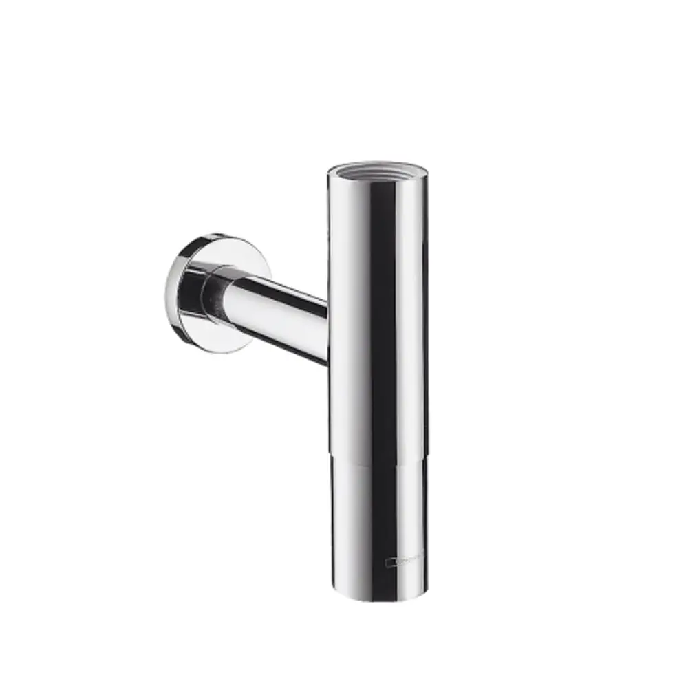 Designsiphon in Chrom für die Wandmontage, hergestellt von Hansgrohe. Der Siphon hat eine runde, schlichte Form mit glatter Oberfläche.
